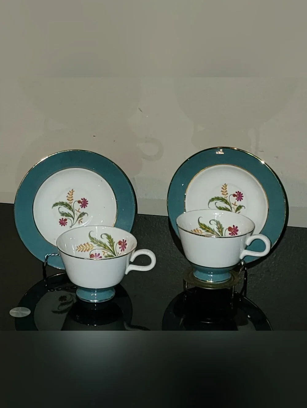 SET OF 2 HOMER LAUGHLIN EGGSHELL  White Floral Porcelain Teacups and Saucers Set
